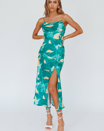 Green Pleated Bust Front Split Dress Flora
