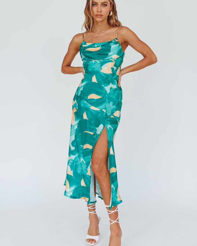 Green Pleated Bust Front Split Dress Flora
