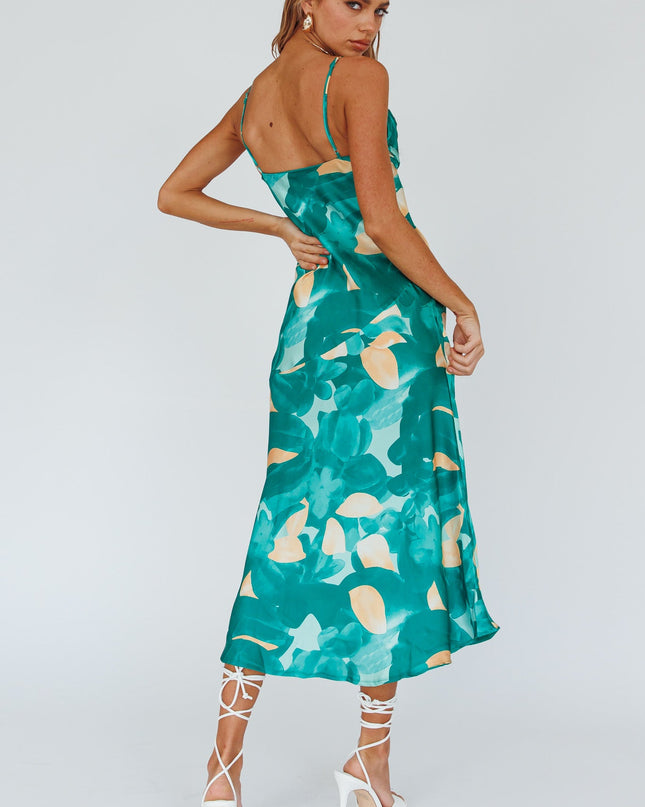 Green Pleated Bust Front Split Dress Flora