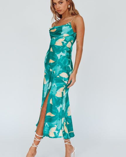 Green Pleated Bust Front Split Dress Flora
