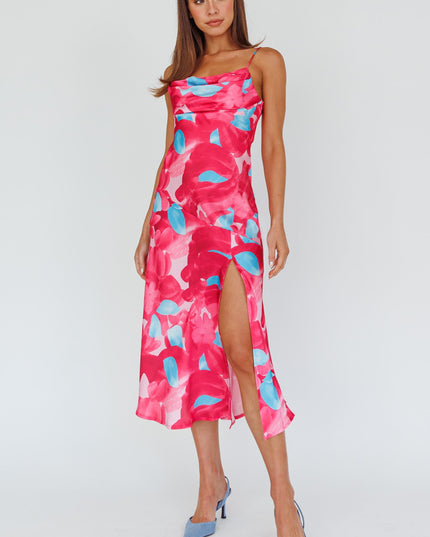 Pink Pleated Bust Front Split Dress Flora