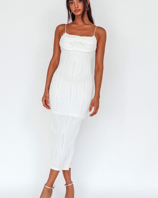 Off White Pleated Bust Textured Maxi Dress