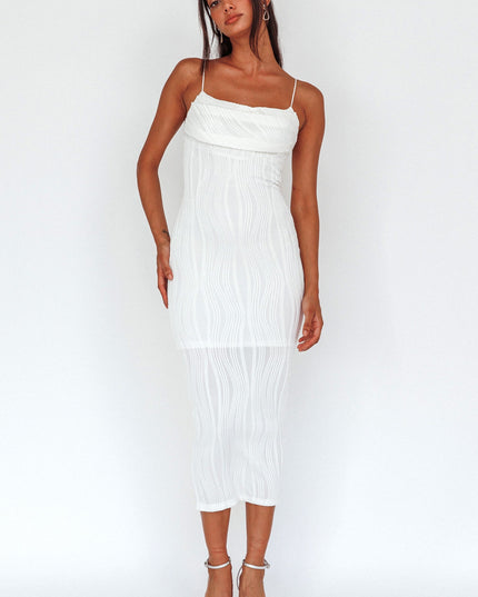 Off White Pleated Bust Textured Maxi Dress