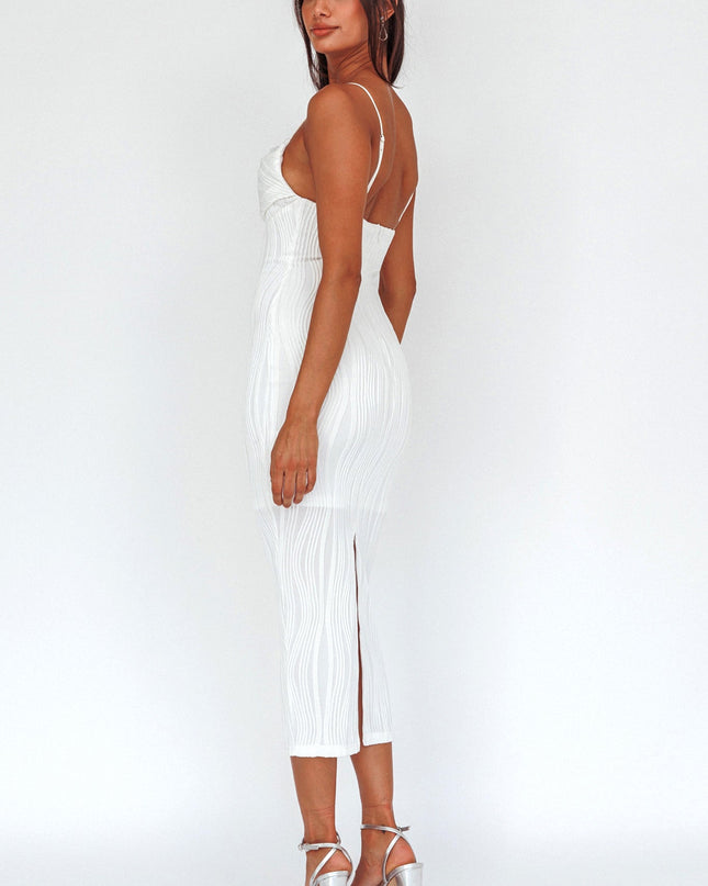 Off White Pleated Bust Textured Maxi Dress