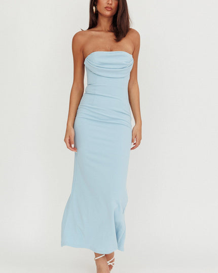 Blue Strapless Pleat Bust Maxi Dress