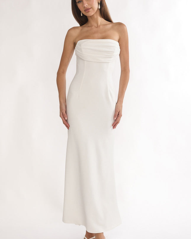 White Strapless Pleat Bust Maxi Dress