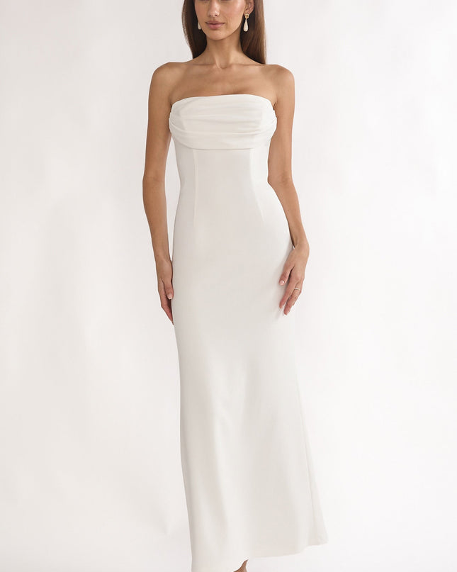 White Strapless Pleat Bust Maxi Dress