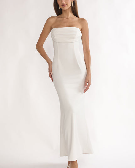 White Strapless Pleat Bust Maxi Dress