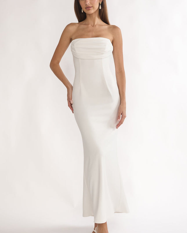 White Strapless Pleat Bust Maxi Dress