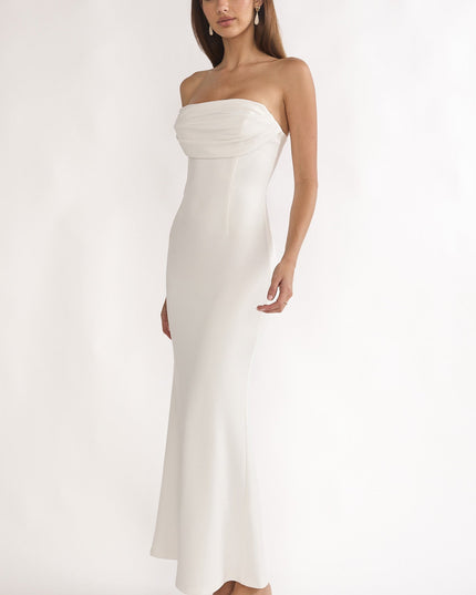 White Strapless Pleat Bust Maxi Dress