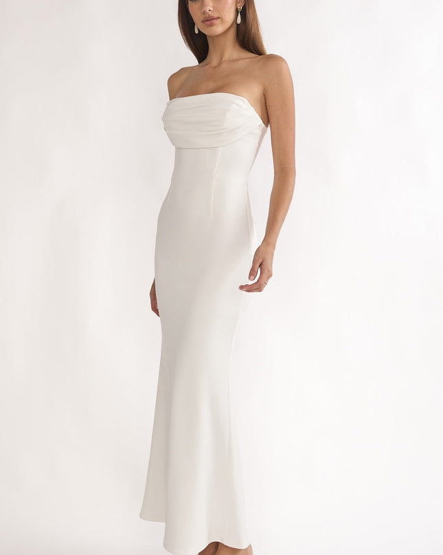 White Strapless Pleat Bust Maxi Dress