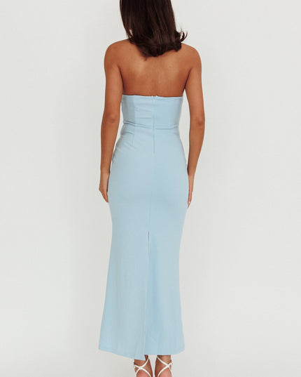 Blue Strapless Pleat Bust Maxi Dress