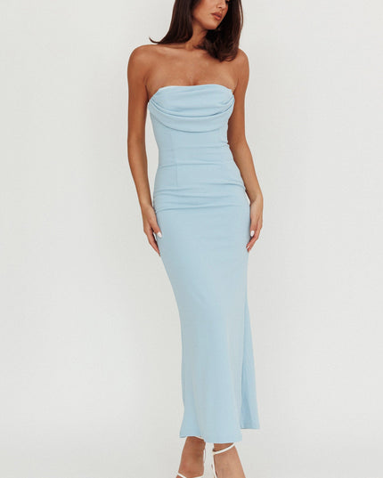 Blue Strapless Pleat Bust Maxi Dress