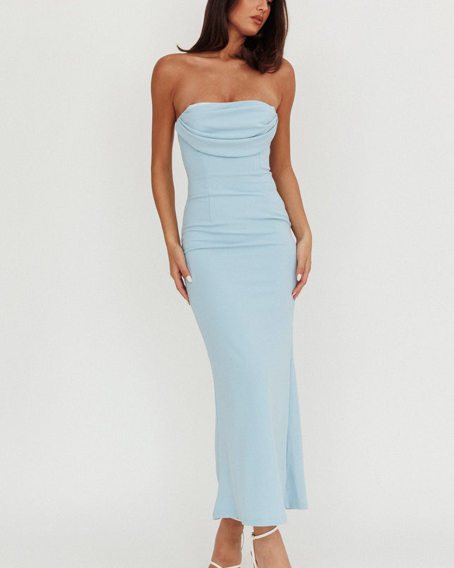 Blue Strapless Pleat Bust Maxi Dress