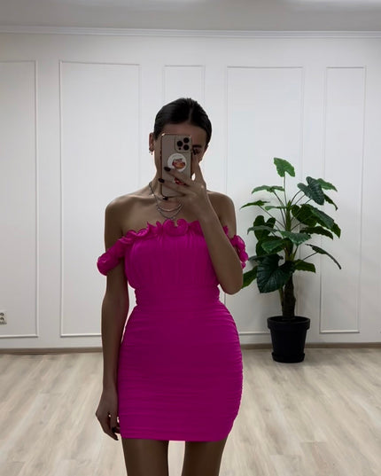 Hot Pink Off-Shoulder Lettuce Edge Detail Ruched Mini Dress