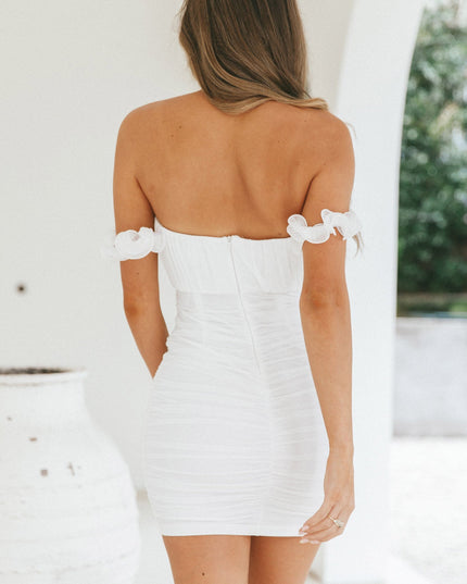 White Off-Shoulder Lettuce Edge Detail Ruched Mini Dress