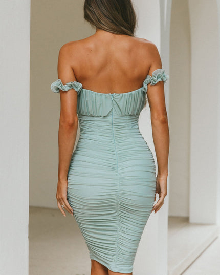 Pistachio Off-Shoulder Lettuce Edge Detail Ruched Knee Length Dress