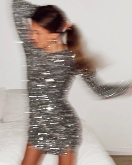 Grey/Silver Long Sleeve Open Back Dress Sequin