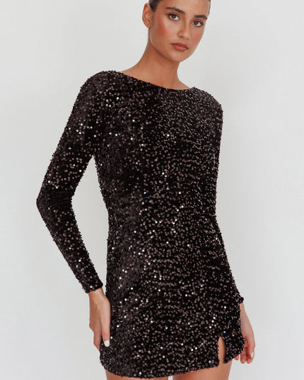 Black Long Sleeve Open Back Dress Sequin