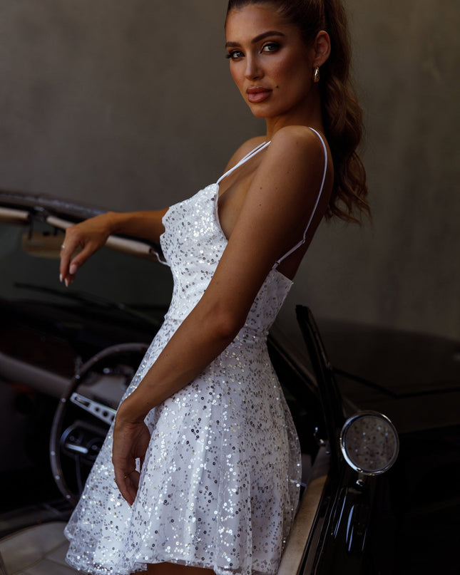 White Sequin Embellished Scoop Neck Mini Dress