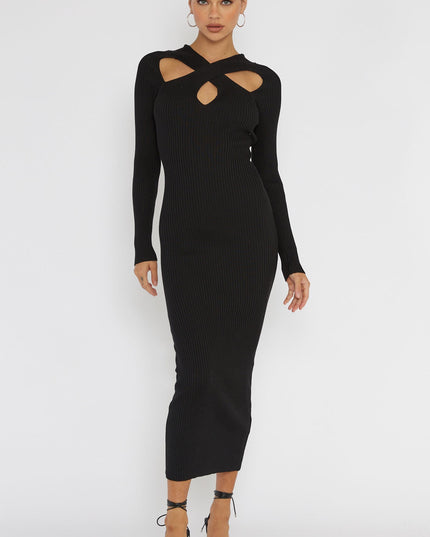 Black One Mind Cut-Out Neckline Knit Midi Dress