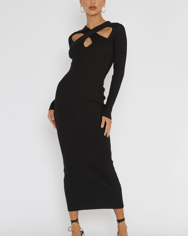 Black One Mind Cut-Out Neckline Knit Midi Dress