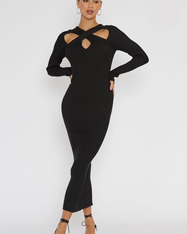 Black One Mind Cut-Out Neckline Knit Midi Dress