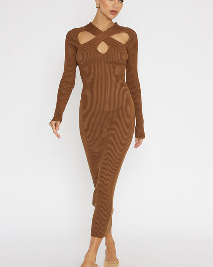 Chocolate One Mind Cut-Out Neckline Knit Midi Dress
