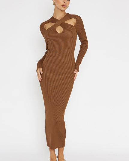 Chocolate One Mind Cut-Out Neckline Knit Midi Dress