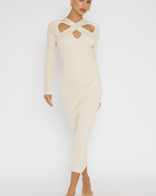 Cream One Mind Cut-Out Neckline Knit Midi Dress