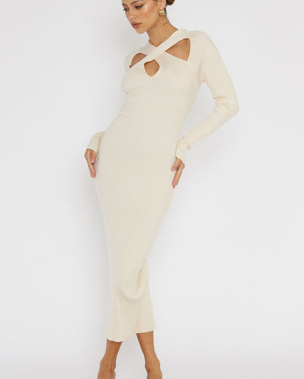 Cream One Mind Cut-Out Neckline Knit Midi Dress