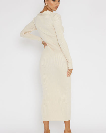 Cream One Mind Cut-Out Neckline Knit Midi Dress