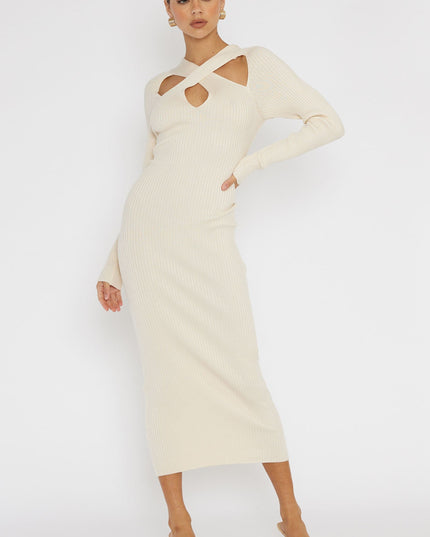 Cream One Mind Cut-Out Neckline Knit Midi Dress
