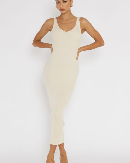 Cream Lace-Up Back Knit Midi Dress