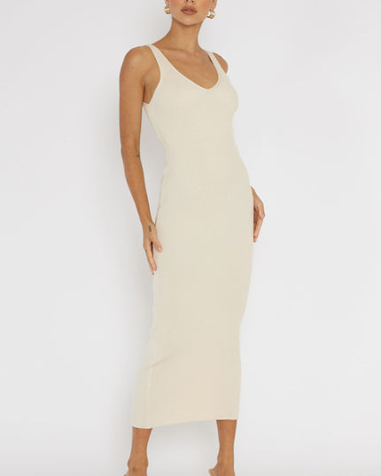 Cream Lace-Up Back Knit Midi Dress