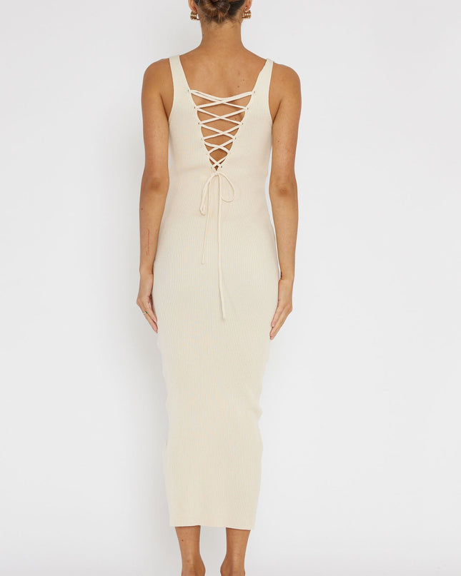 Cream Lace-Up Back Knit Midi Dress