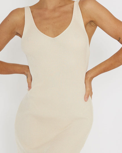 Cream Lace-Up Back Knit Midi Dress