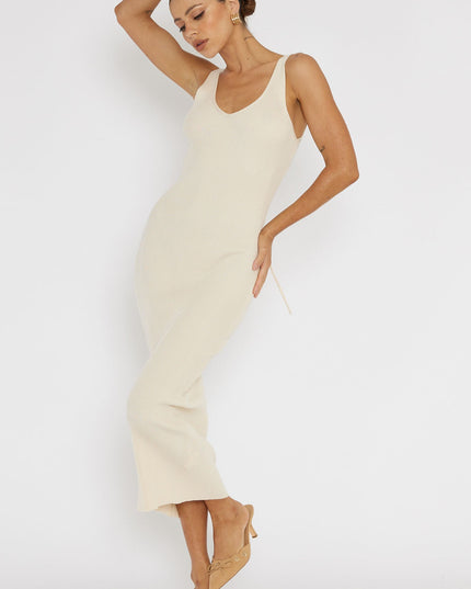 Cream Lace-Up Back Knit Midi Dress