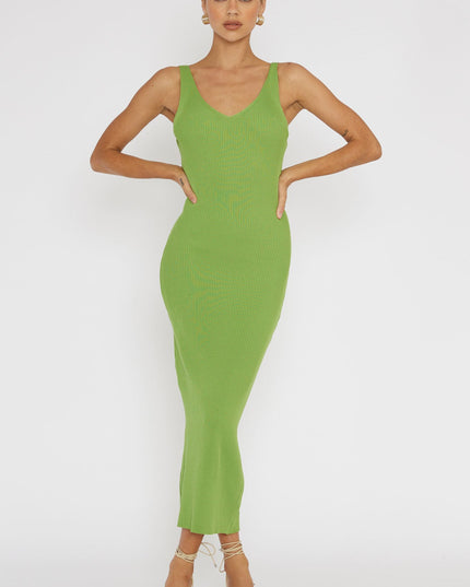 Green Lace-Up Back Knit Midi Dress