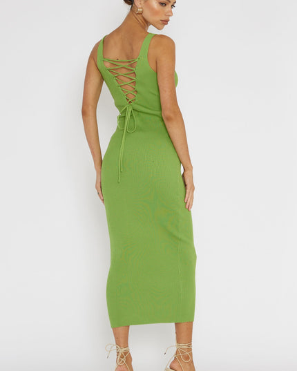 Green Lace-Up Back Knit Midi Dress