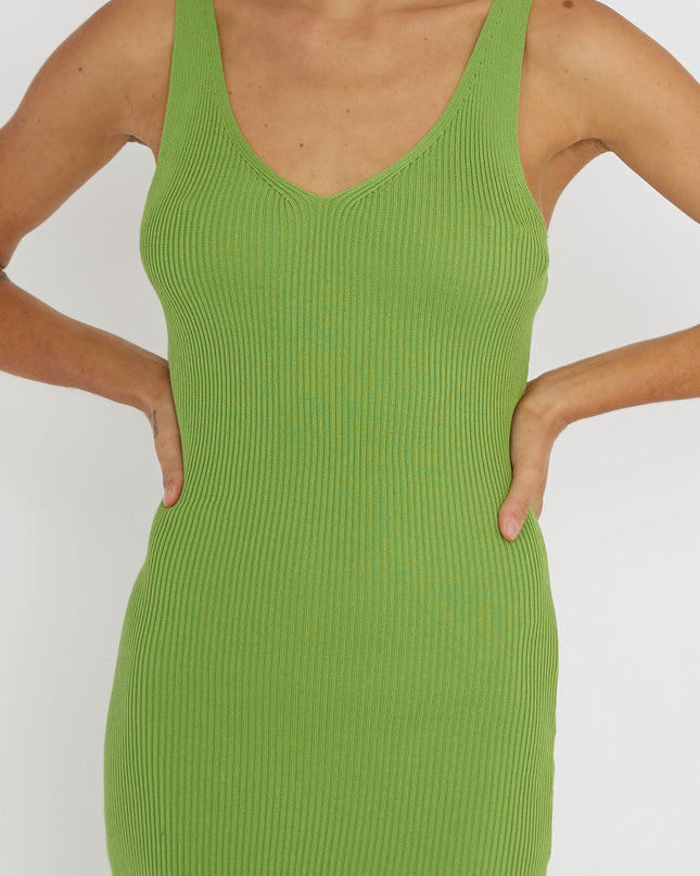 Green Lace-Up Back Knit Midi Dress