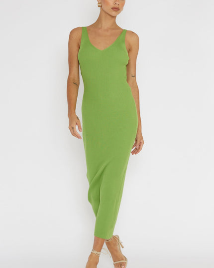 Green Lace-Up Back Knit Midi Dress