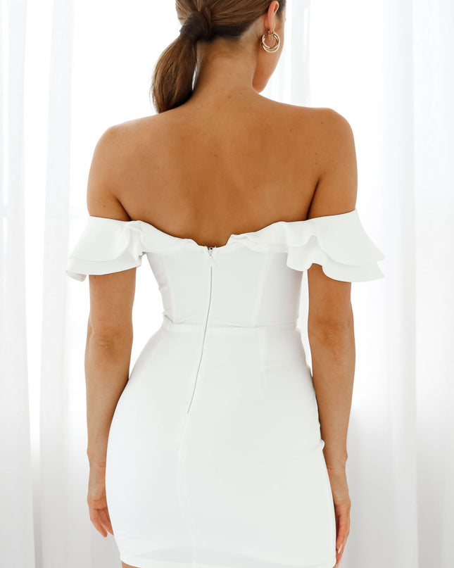 White Off-Shoulder Double Ruffle Dress