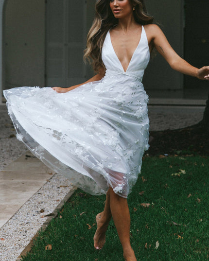 White V-Neckline Embellished Midi Dress
