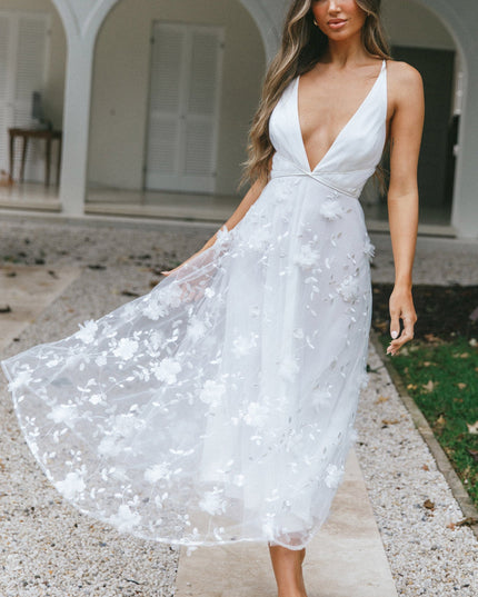 White V-Neckline Embellished Midi Dress