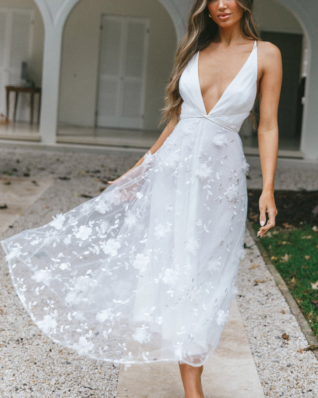 White V-Neckline Embellished Midi Dress