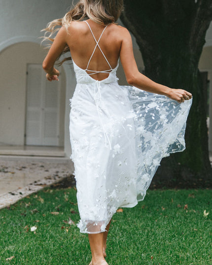 White V-Neckline Embellished Midi Dress