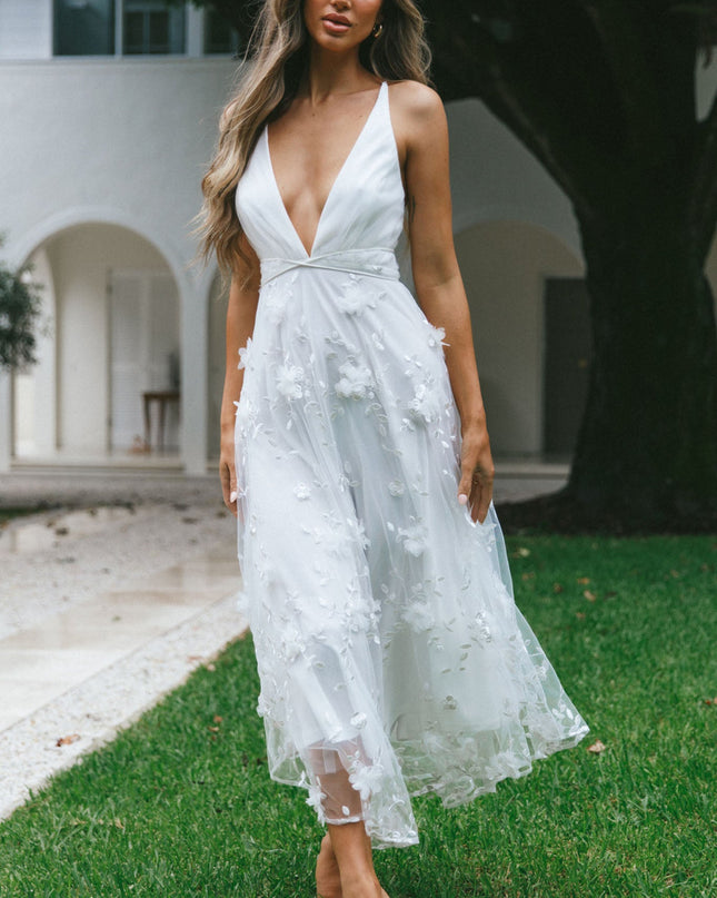 White V-Neckline Embellished Midi Dress