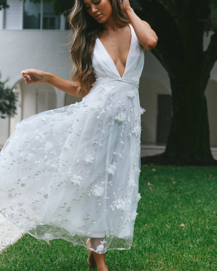 White V-Neckline Embellished Midi Dress