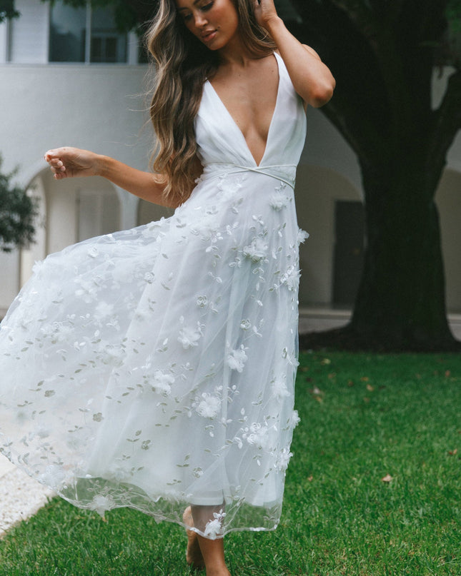 White V-Neckline Embellished Midi Dress